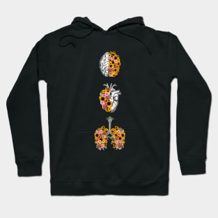 Set of human organ, lungs, heart and brain with sunflowers and daisy Hoodie